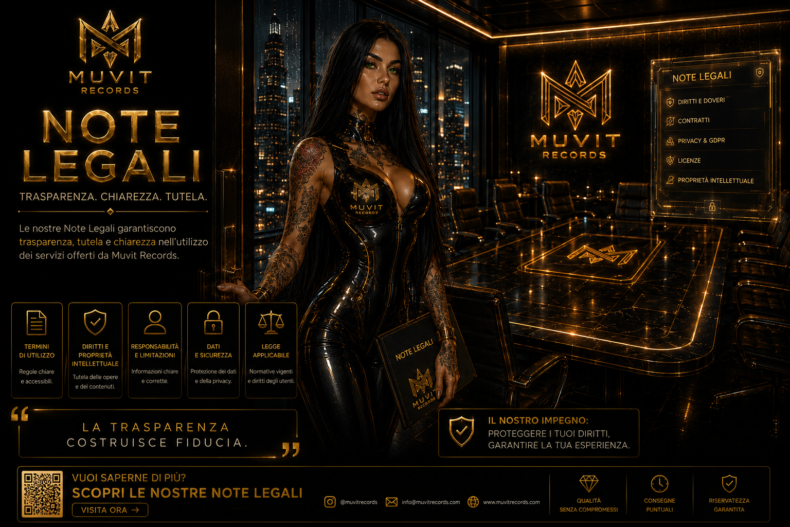 Muvit Records - Note Legali Un ambiente futuristico ed elegante in stile cyber-luxury mostra la sala riunioni di Muvit Records illuminata da riflessi oro e nero.