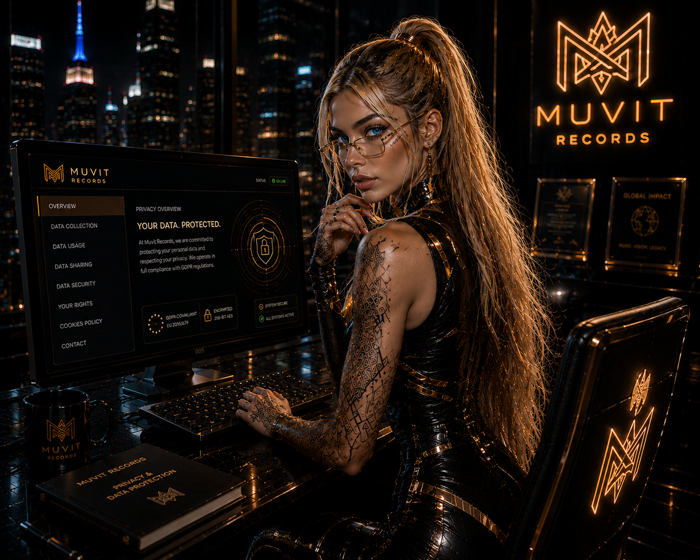 Muvit Records — Cyber Privacy Guardian Una donna dallo stile cyber-futuristico siede nel sofisticato studio hi-tech di Muvit Records e si occupa della Privacy Policy