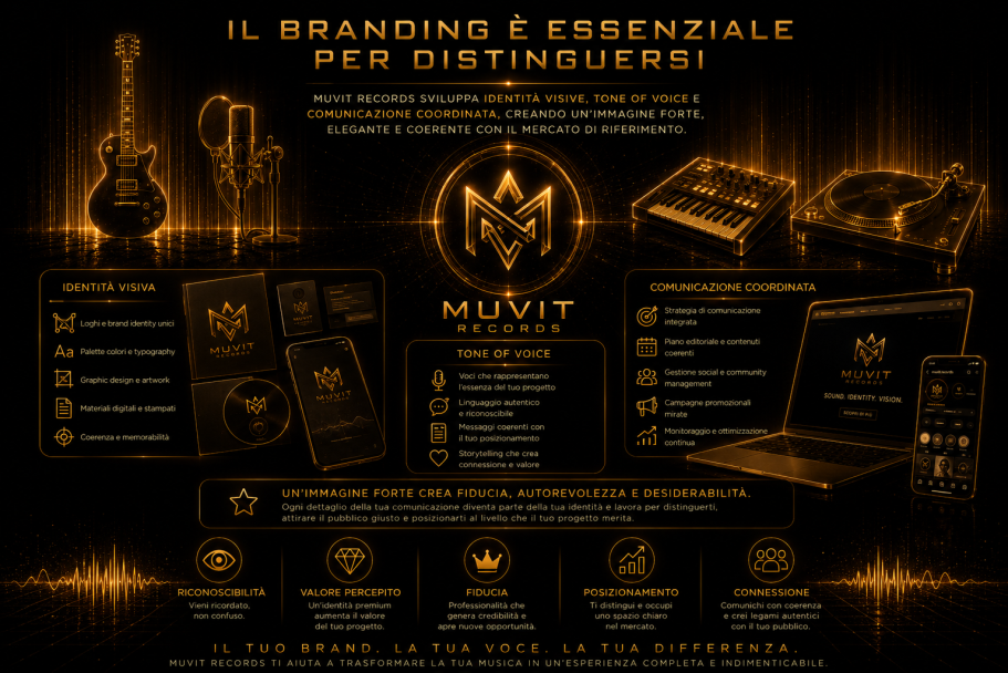 Studio di Registrazione Avanzato – Strumenti Musicali e Sound Design Muvit Records Strumenti musicali e attrezzature da studio Muvit Records in ambiente recording futuristico: chitarre elettriche, batteria, outboard e cabla