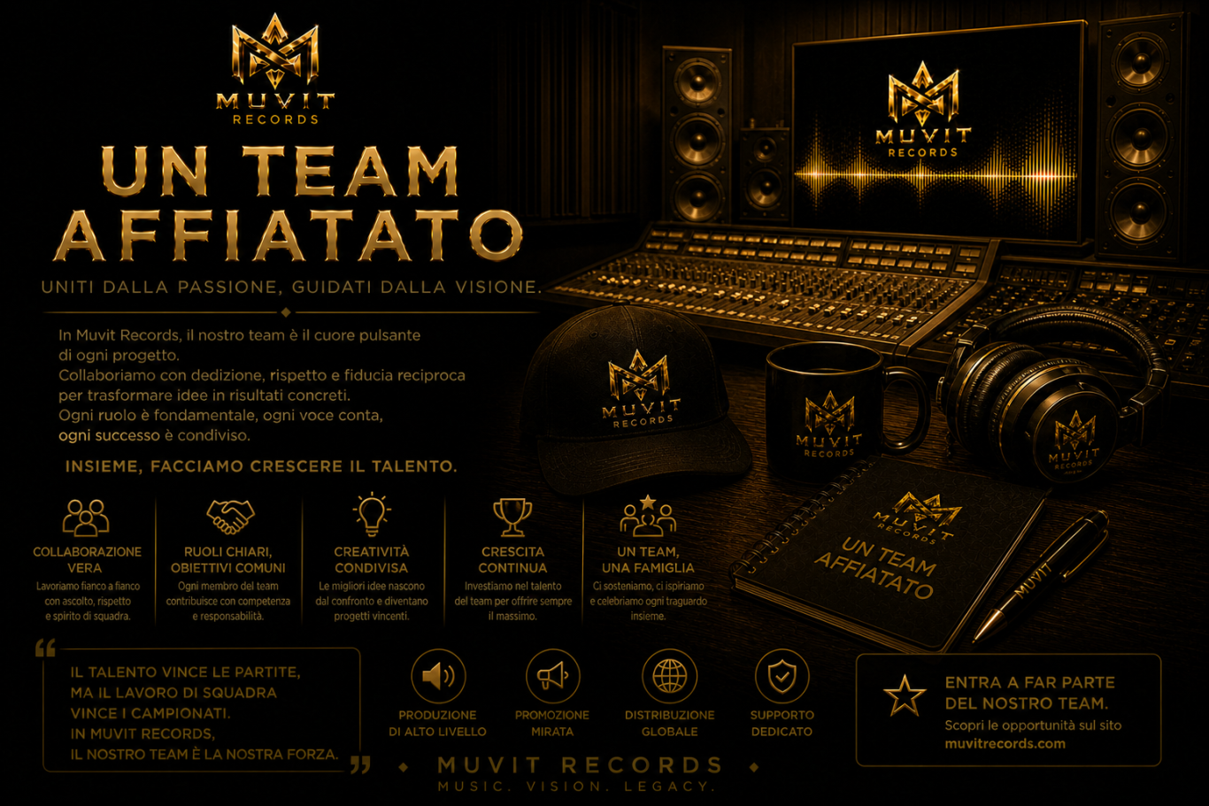 Team Affiatato – Collaborazione Creativa Muvit Records Team affiatato Muvit Records al lavoro in studio di registrazione: collaborazione tra artisti, producer e tecnici in ambiente futuristico