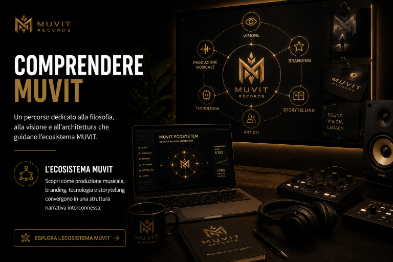 L'Ecosistema MUVIT Records | Visione, Musica e Tecnologia Schema visivo dell'ecosistema MUVIT Records dove produzione musicale, branding, tecnologia e storytelling convergono in una rete narrativa i