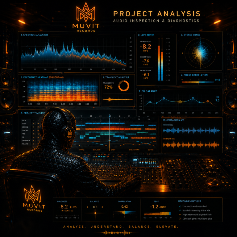 Analisi del Progetto Musicale – Strategia e Ottimizzazione Muvit Records Analisi del progetto musicale Muvit Records: valutazione approfondita in studio futuristico gold cyberpunk di arrangiamento, struttura,sound