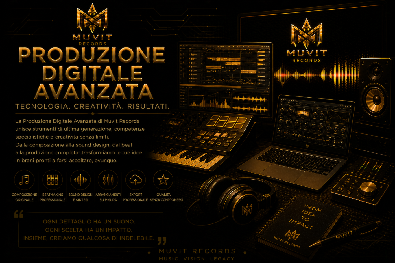 Produzione digitale avanzata Muvit Records in studio high-tech: workstation professionali, software DAW e strumenti virtuali