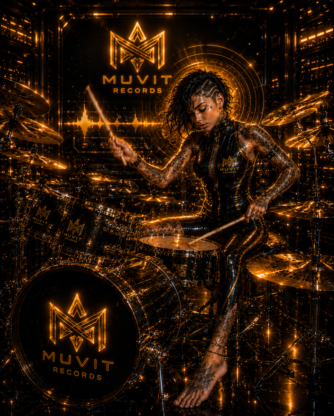 Muvit Records — Cyber Pulse Drummer Una batterista dallo stile cyberpunk suona energicamente in uno studio musicale futuristico Muvit Records