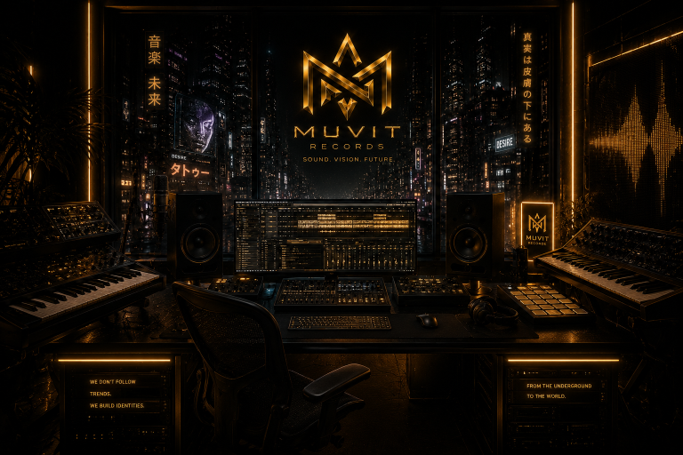 Studio musicale cyberpunk Muvit Records con synth, DAW professionale e atmosfera cinematica EDM futuristica.
