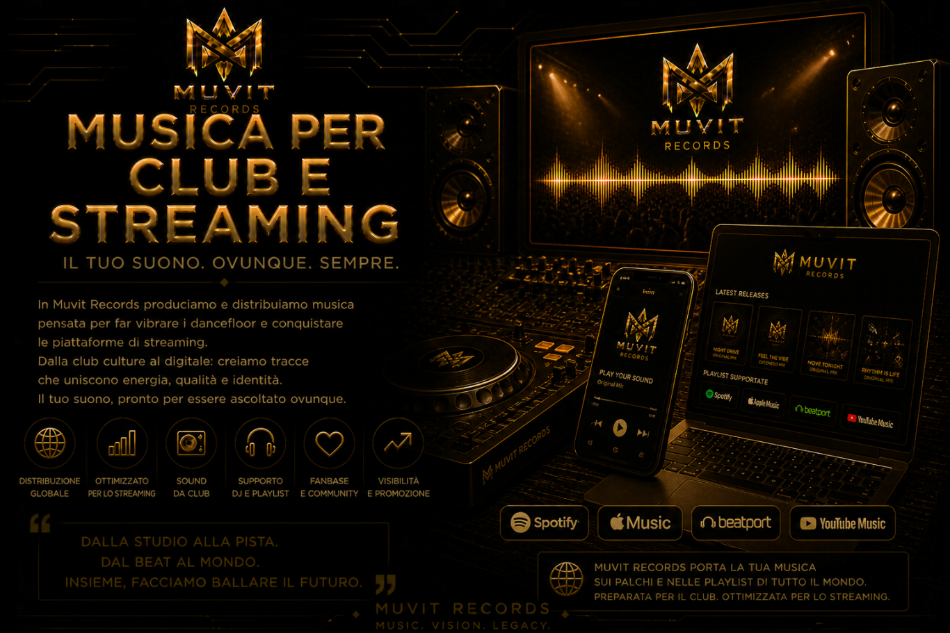 Musica per club e streaming Muvit Records: produzioni EDM, Pop e Latina con sound potente e definito, create in studio futuristico gold cybe