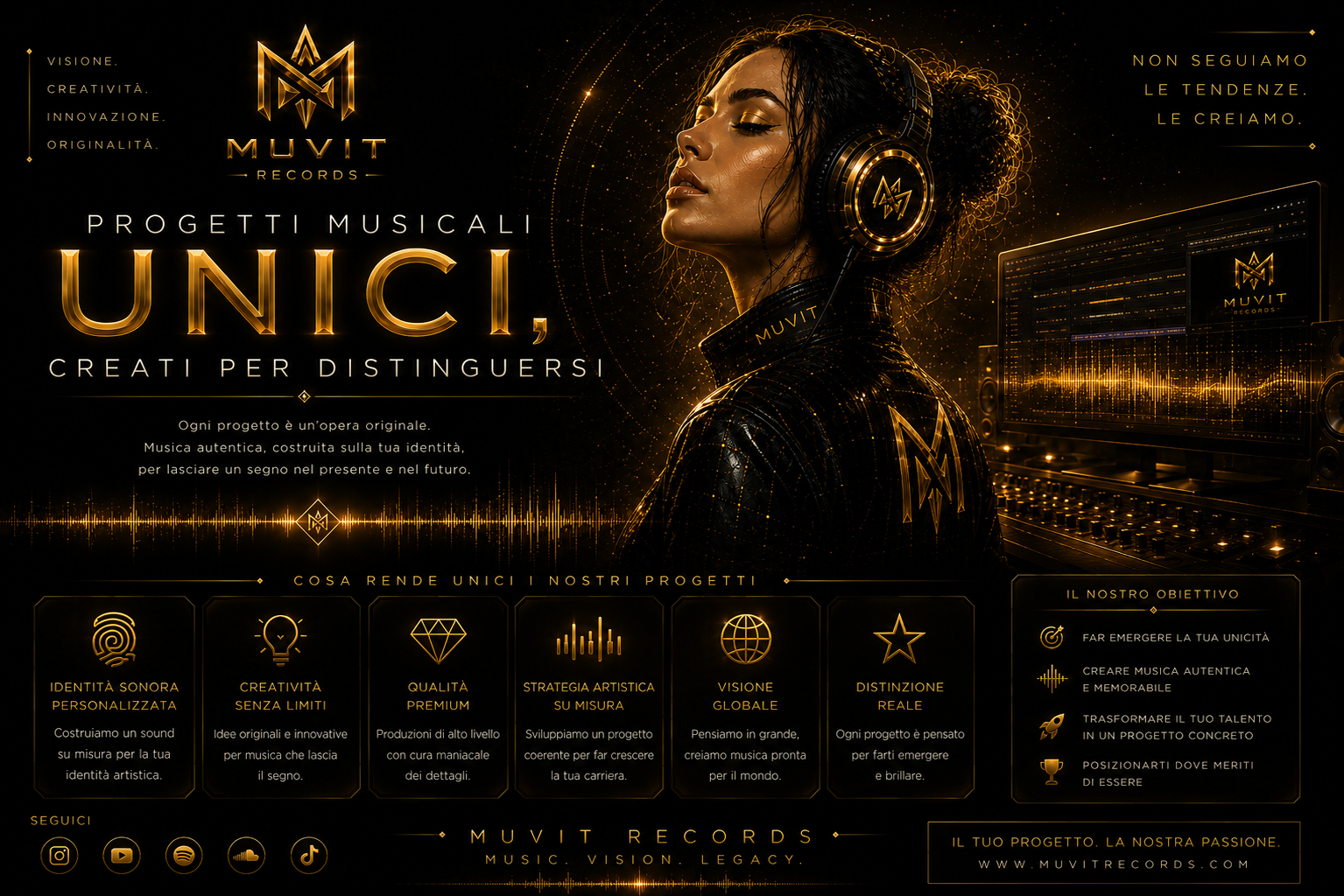 Muvit Records - Progetti Musicali Unici Creati per Distinguersi Poster digitale futuristico di Muvit Records in stile luxury black & gold con design cinematografico ad alta definizione