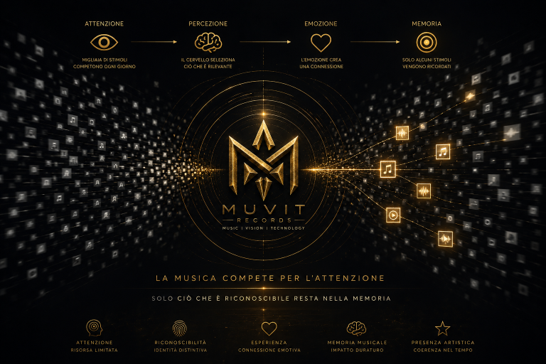 La Musica Compete per l'Attenzione: Percezione, Memoria e Riconoscibilità Artistica Infografica dedicata alla Spotify Psychology che mostra il percorso tra attenzione musicale, percezione, emozione, memoria musicale.