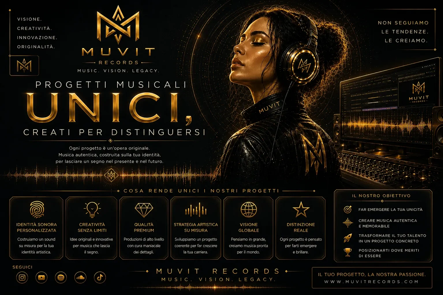 Produzioni Musicali Originali e Identità Artistiche Distintive | MUVIT Records Visuale dedicata ai progetti musicali originali di MUVIT Records, dove identità sonora, creatività, qualità produttiva, strategia artistica
