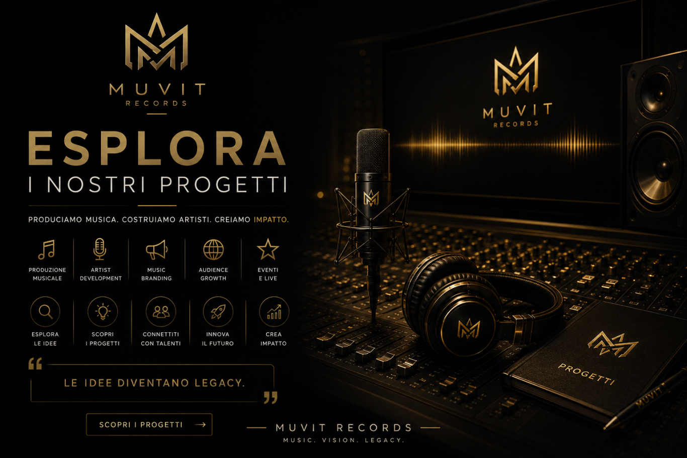 Esplora i progetti musicali Muvit Records: produzioni EDM, Pop e Latina in ambiente futuristico gold cyberpunk, con sound innovativo