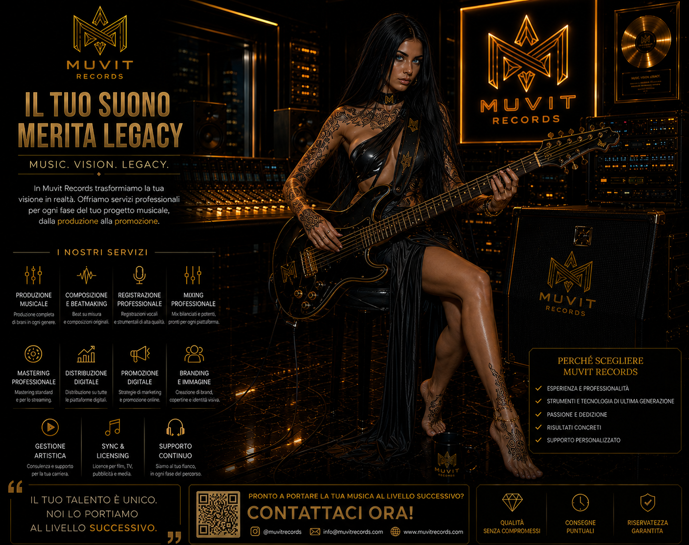 Muvit Records - Cyber Bass Queen Una musicista dallo stile cyberpunk suona un basso elettrico in uno studio di registrazione futuristico firmato Muvit Records