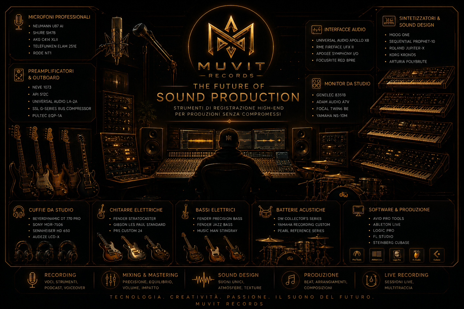 Setup Studio di Registrazione Professionale Muvit Records Setup professionale di studio di registrazione con microfoni high-end, monitor audio e mixer digitale di Muvit Records