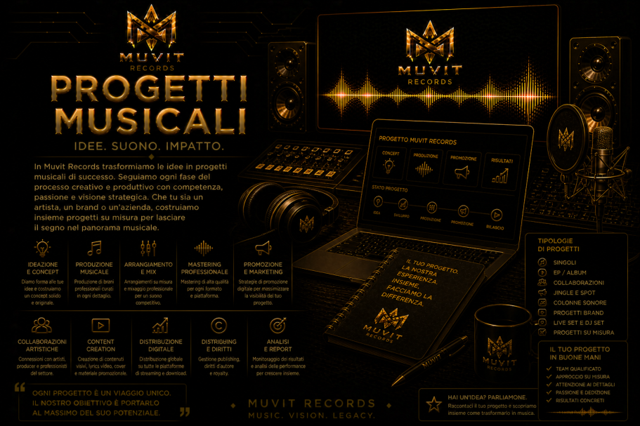 Sviluppo del Progetto – Produzione Musicale Completa Muvit Records Sviluppo del progetto musicale Muvit Records: produzione completa in studio futuristico gold cyberpunk, dalla pre produzione al mastering