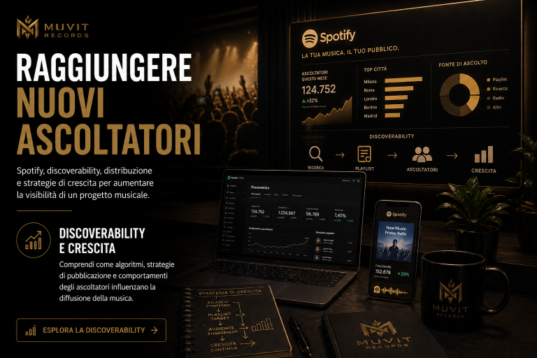 Spotify, Discoverability e Crescita Musicale | MUVIT Records Strategie di discoverability musicale, distribuzione digitale, Spotify e crescita del pubblico attraverso dati e analisi degli ascoltatori.