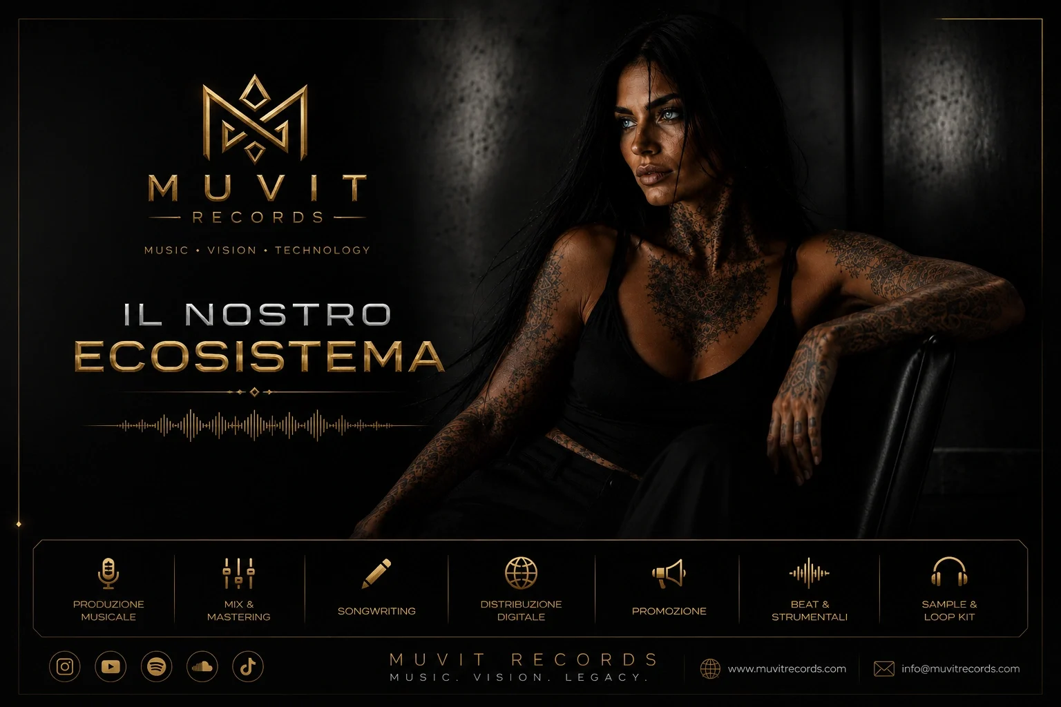 Ecosistema Musicale MUVIT Records | Music, Vision, Legacy Rappresentazione dell'ecosistema MUVIT Records, dove servizi musicali, strumenti creativi, identità artistica, innovazione sonora e visione