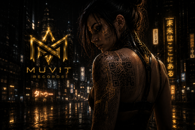 Visuale cyberpunk cinematica di Goh-Zee nell’universo Muvit Records con atmosfera dark futuristica, identità elettronica e mood EDM contempo