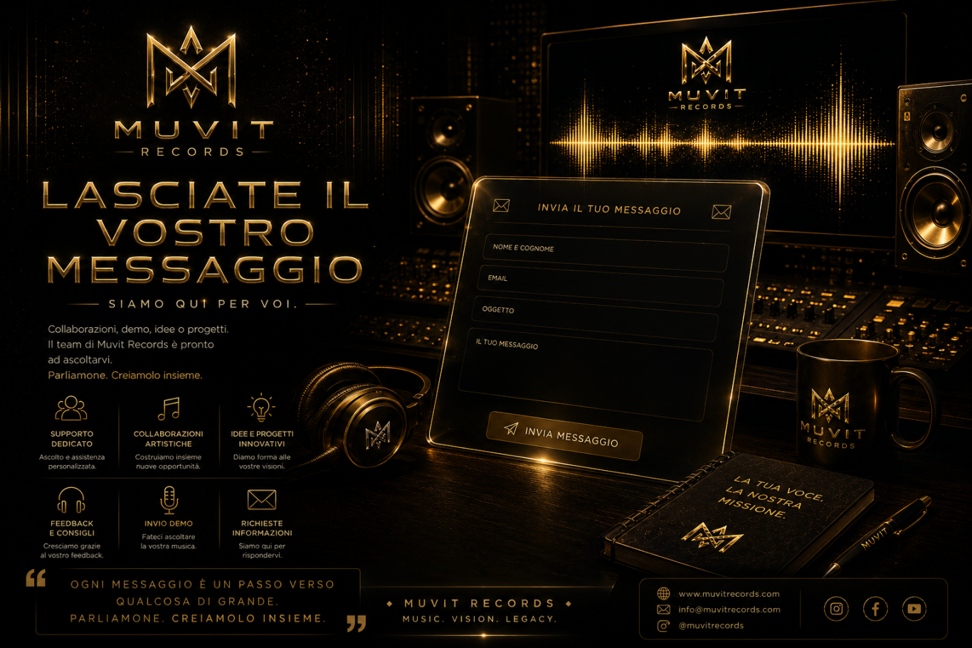 Contatta Muvit Records | Produzione Musicale e Servizi Artisti Modulo contatti Muvit Records per richiedere informazioni su produzione musicale, sviluppo artisti e servizi digitali