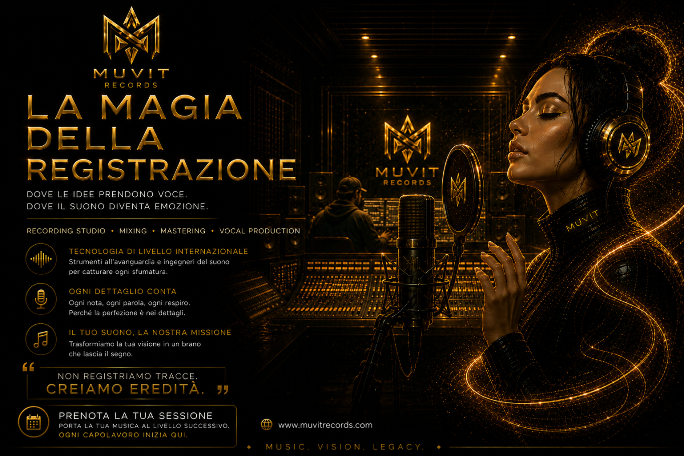 La Magia della Registrazione – Esperienza Studio Muvit Records La magia della registrazione Muvit Records: artista in studio davanti a microfono professionale, immerso in un ambiente futuristico gold cyb