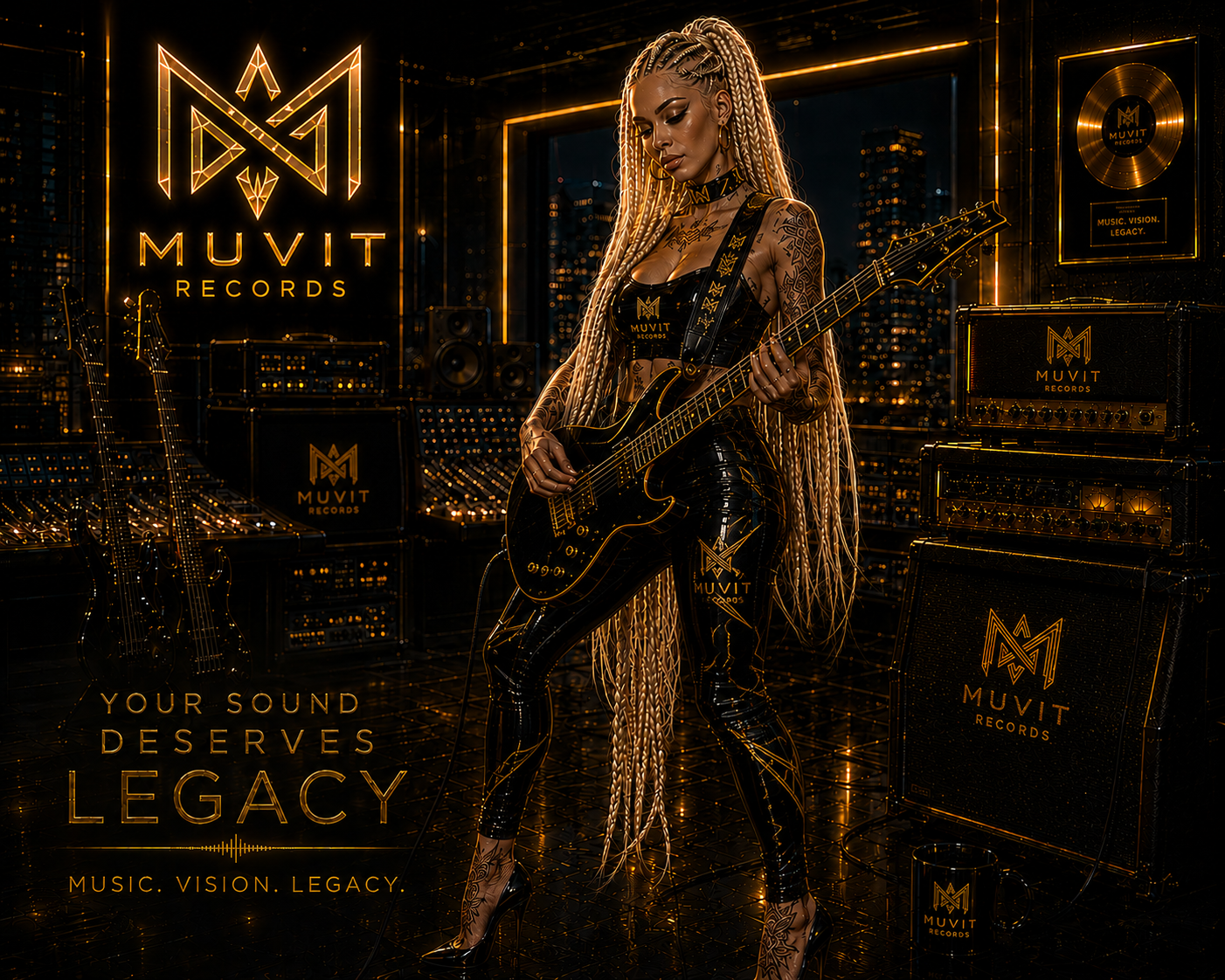 Chitarrista Elettrica Muvit Records nello Studio Cinematic Black & Gold Ragazza dai capelli biondi con tatuaggi che suona una chitarra elettrica in uno studio di registrazione futuristico Muvit Records