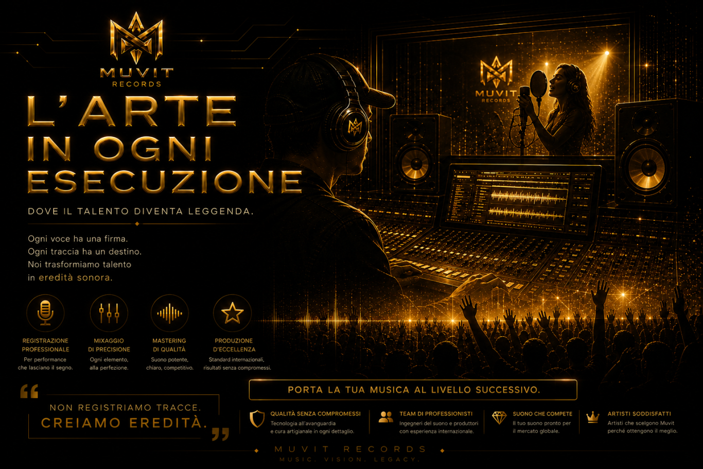 L’Arte in Ogni Esecuzione – Performance Musicale Muvit Records L’arte in ogni esecuzione musicale Muvit Records: performance live o in studio in ambiente futuristico gold cyberpunk