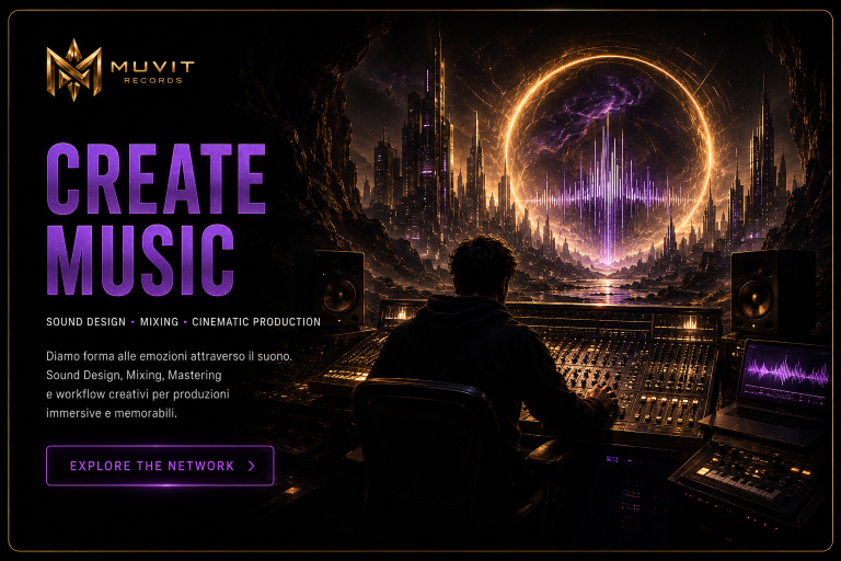 CREATE MUSIC MUVIT Records Create Music section featuring a cinematic producer workspace surrounded by sound waves, mixing consoles and futuristic golden
