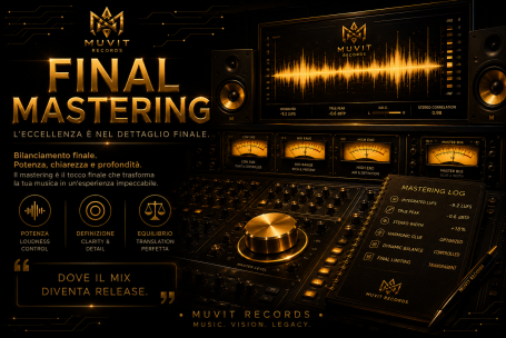 Final Mastering – Ottimizzazione Audio Globale Muvit Records Final mastering Muvit Records: fase conclusiva della produzione in studio futuristico gold cyberpunk, con ottimizzazione di volume, dinamica
