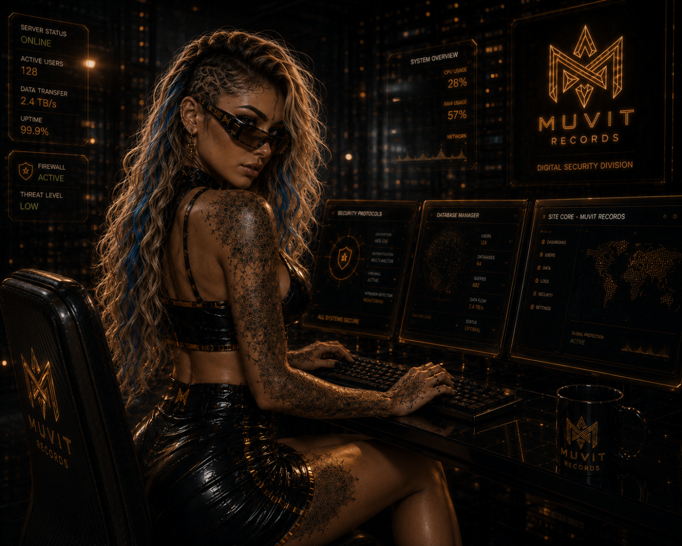 Donna cyber futuristica dai lunghi capelli biondi lisci con taglio rasato laterale seduta nella sala informatica Muvit Records