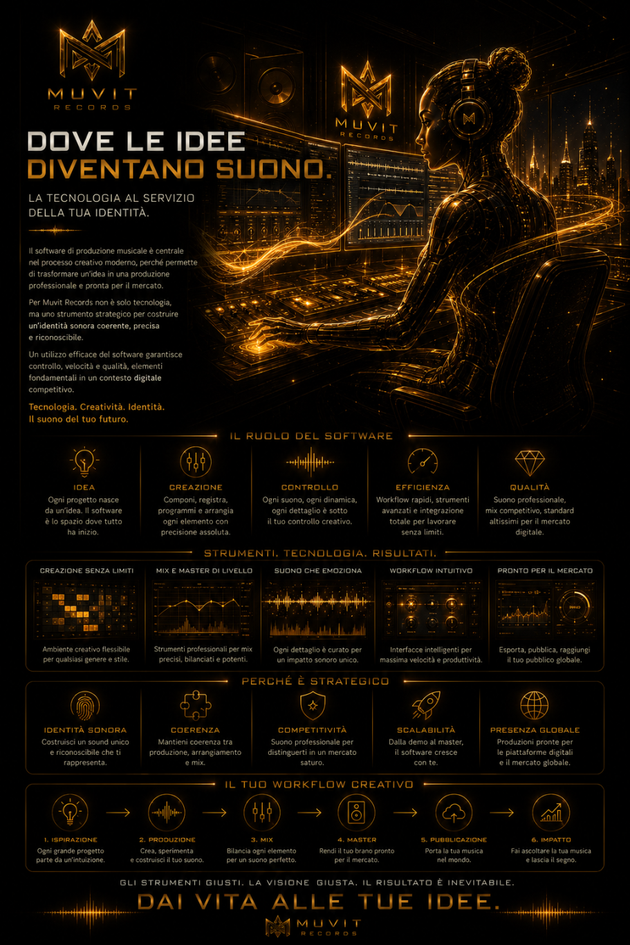 Software di Produzione Musicale – Studio Digitale Avanzato Muvit Records Software di produzione musicale professionale Muvit Records in studio futuristico: workstation con DAW avanzate, schermi illuminati e setup
