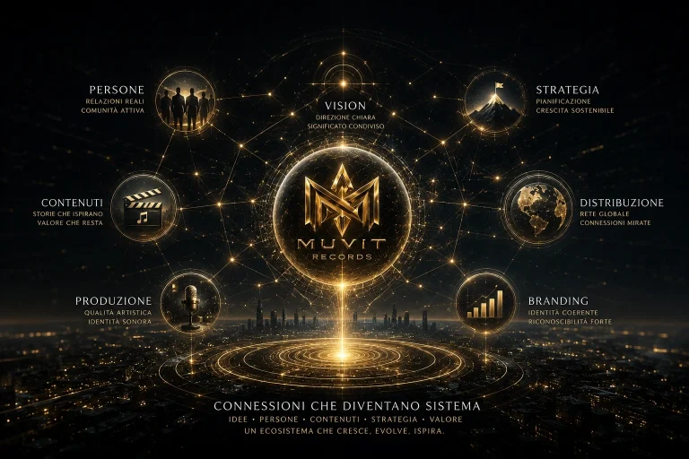 Connessioni Che Diventano Sistema Persone, contenuti, branding e visione si connettono attorno al nucleo MUVIT Records formando un sistema creativo evolutivo.