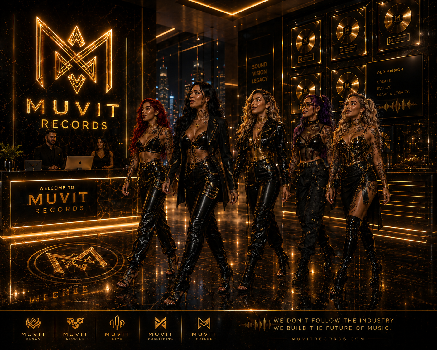 Cinque ragazze tatuate dal look cyber-futuristico entrano entusiaste negli studi Muvit Records