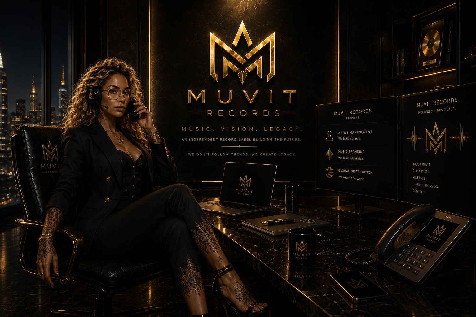Muvit Records — The Contact Manager Una splendida donna dai lineamenti raffinati e dallo stile elegante siede nel moderno ufficio contatti di Muvit Records