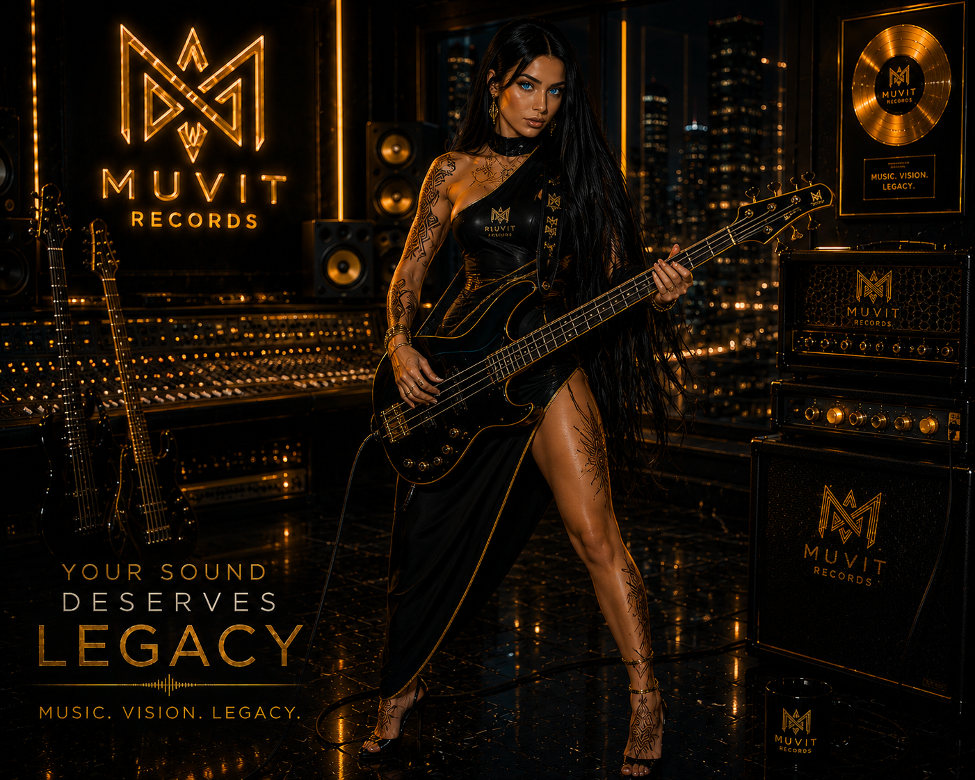 Chitarrista Elettrica Muvit Records nello Studio Cinematic Black & Gold Ragazza dai capelli biondi con tatuaggi che suona una chitarra elettrica in uno studio di registrazione futuristico Muvit Records