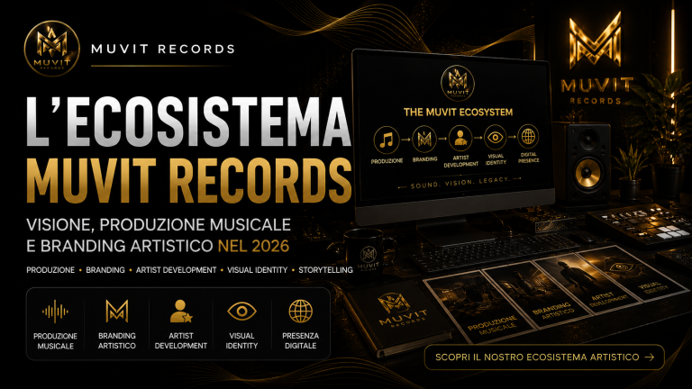 L’Ecosistema MUVIT Records Logo MUVIT Records al centro di una rete creativa nero e oro che collega identità, visione, musica ed ecosistema.